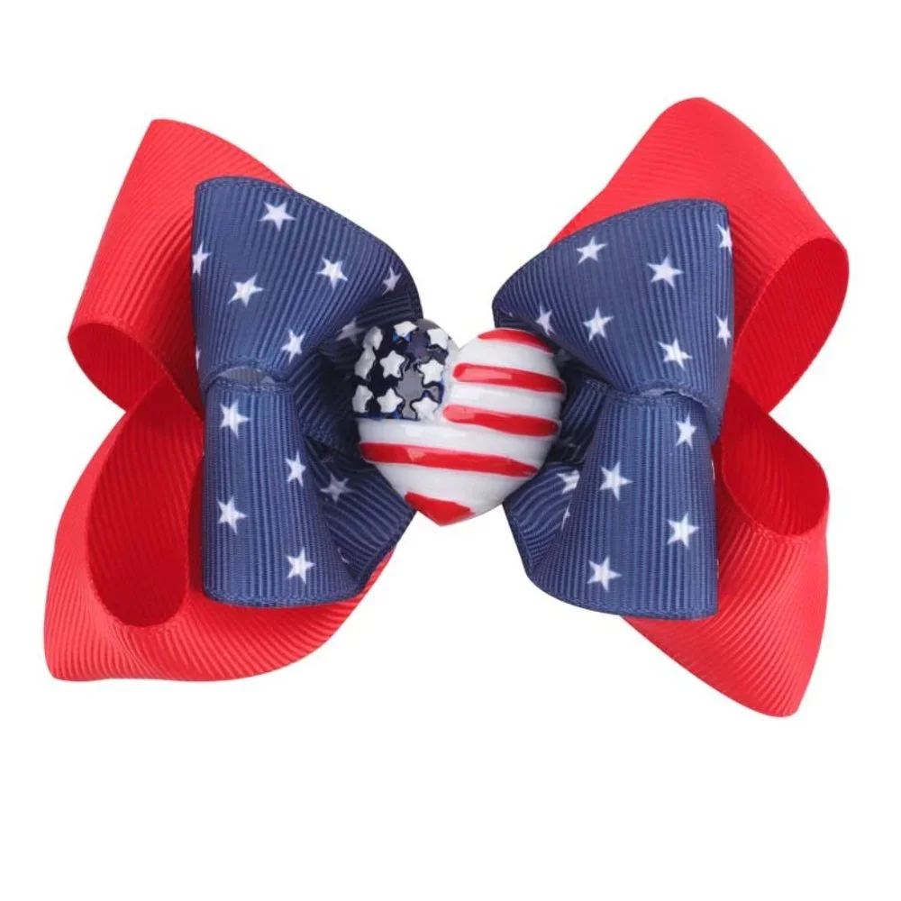 4th of July Patriotic Heart Girls Hair Bow Clip 4 Inches